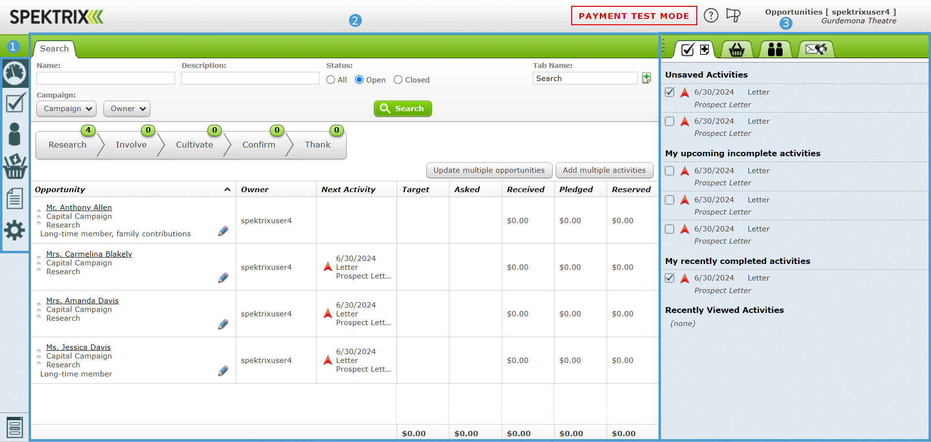 The Opportunities Interface with three sections highlighted. Each section
  is numbered 1-3.