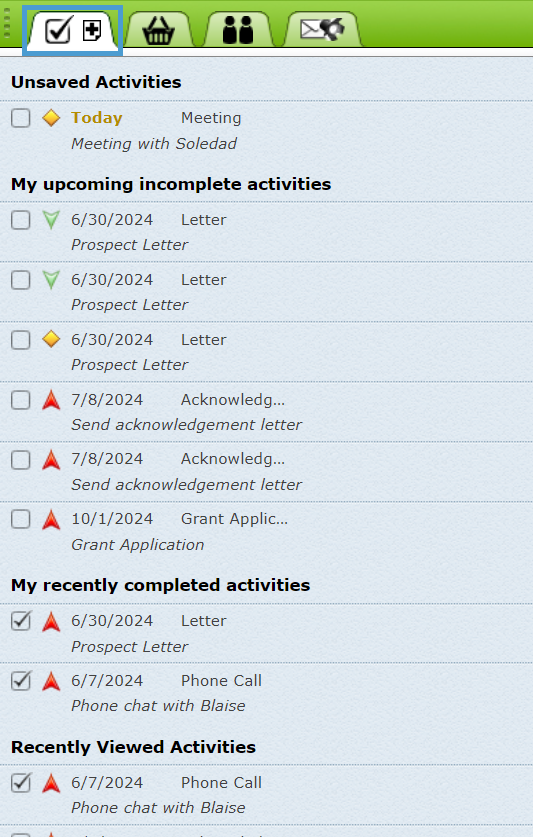 Activities tab in the Pinboard.