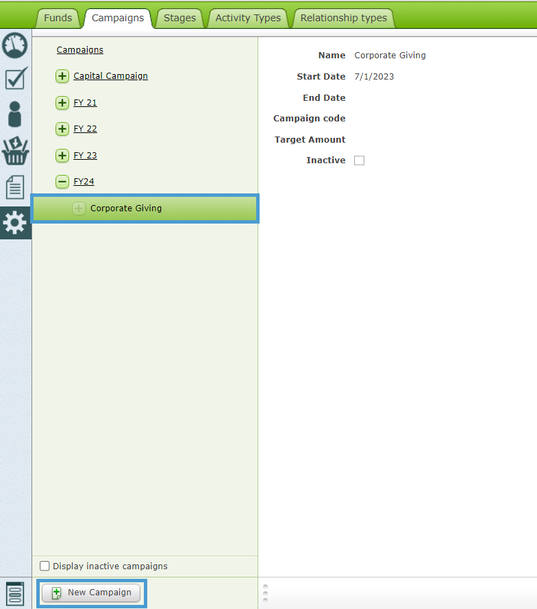 The Campaigns Setting tab with the FY24 campaign opened, the Corporate Giving
  sub-campaign selected and the New Campaign button highlighted.