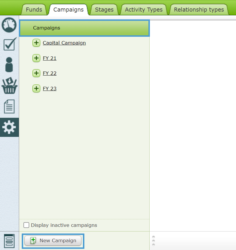 The Campaigns Setting tab with Campaigns and the New Campaign button highlighted.