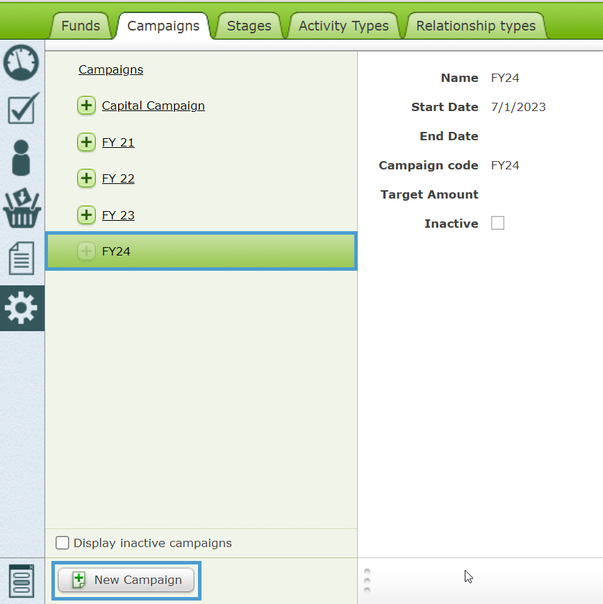 The Campaigns Setting tab with the FY24 campaign selected and the New Campaign
  button highlighted.