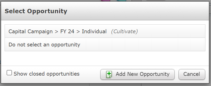 The Select Opportunity pop-up for Activities.