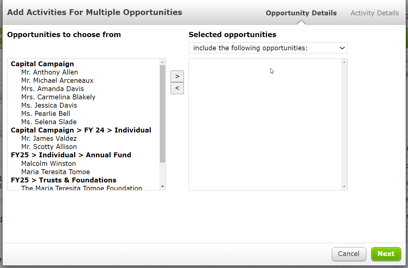 The Add Activities for Multiple Opportunities pop-up.