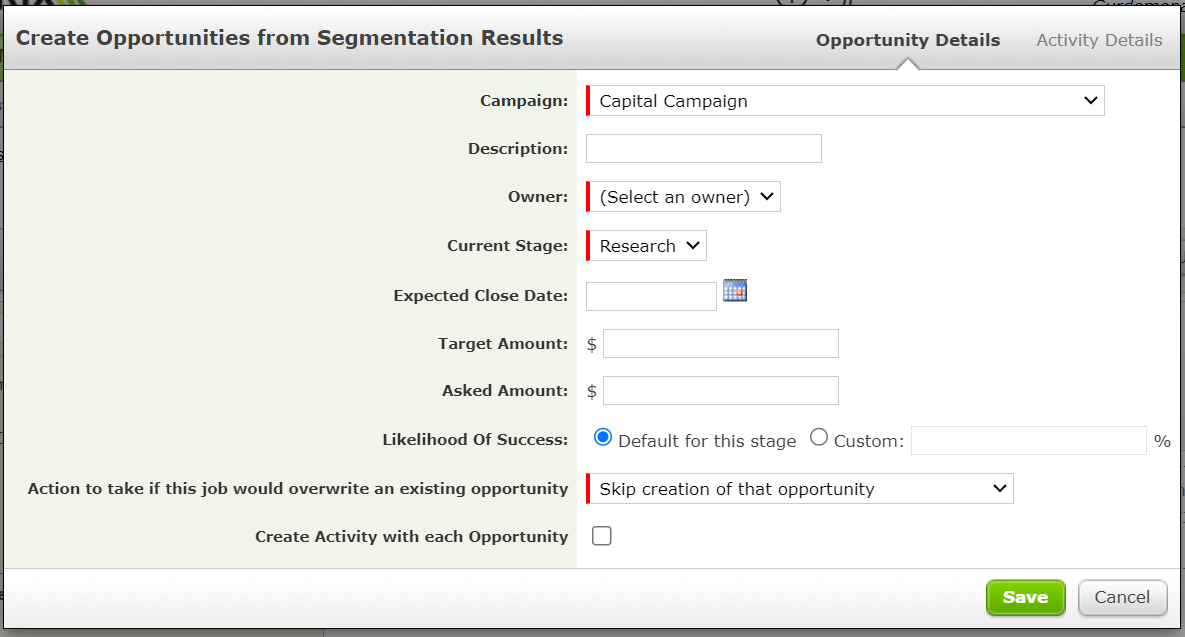 The Create Opportunities from Segmentation Results pop-up screen.