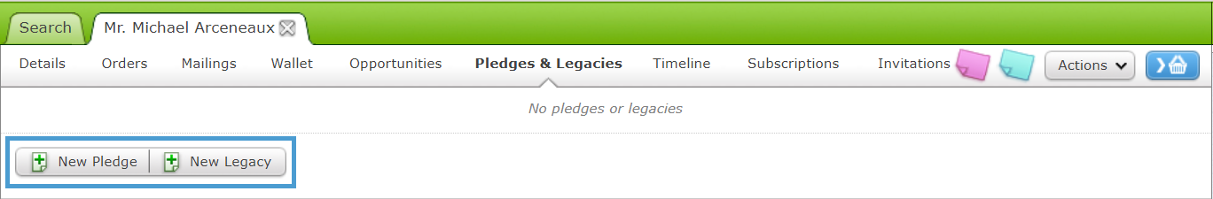 The Pledges and Legacies screen.