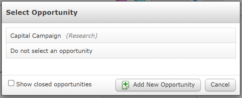 The Select Opportunity screen.