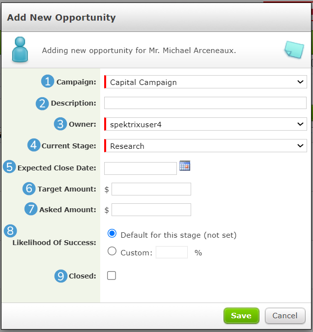 The New Opportunity pop up screen.