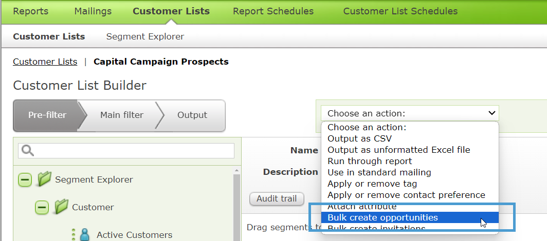 Creating Opportunities in bulk using Customer Lists.