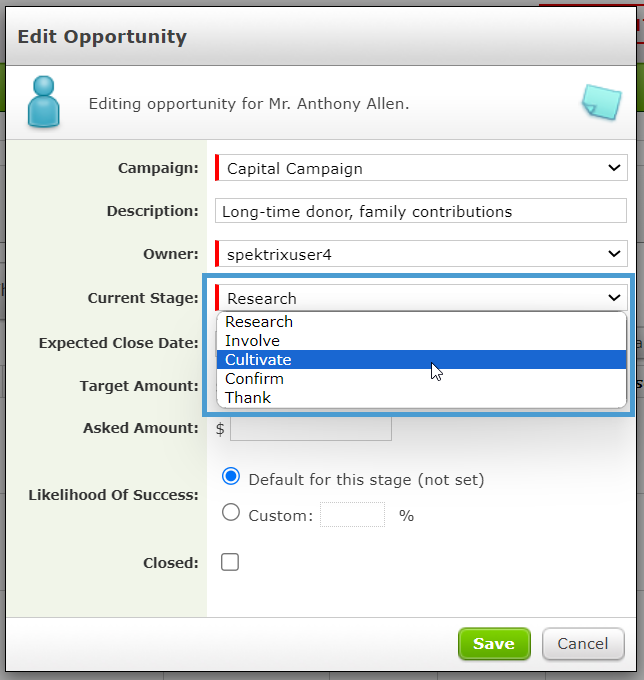 The Edit Opportunity stage with the Current Stage dropdown.