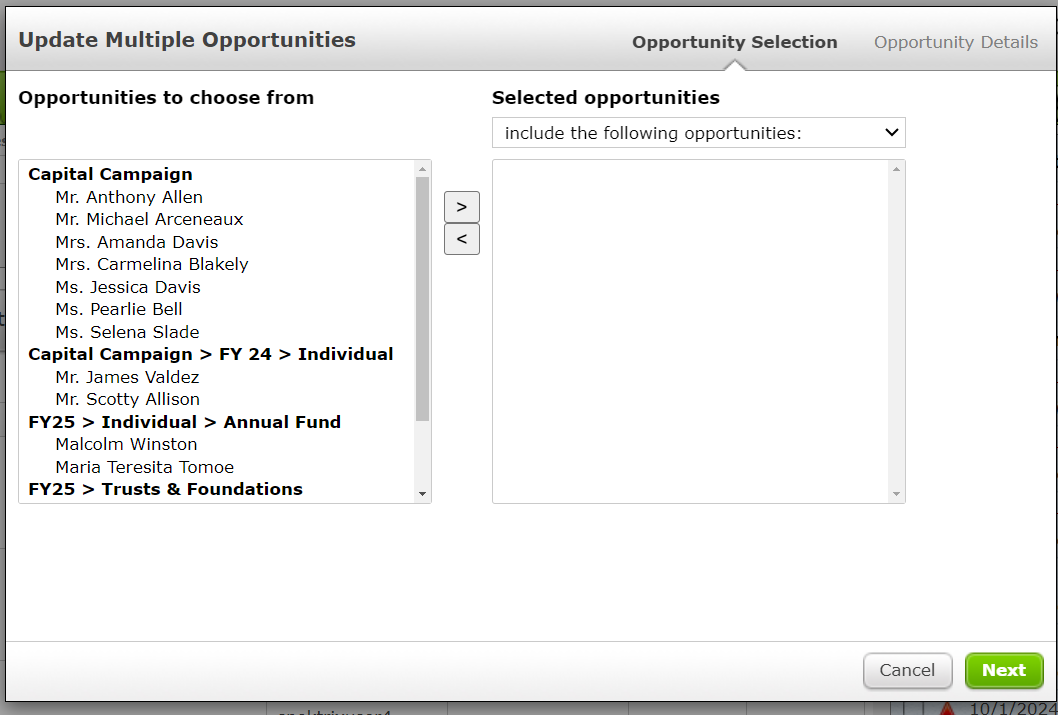 The Update Multiple Opportunities screen.