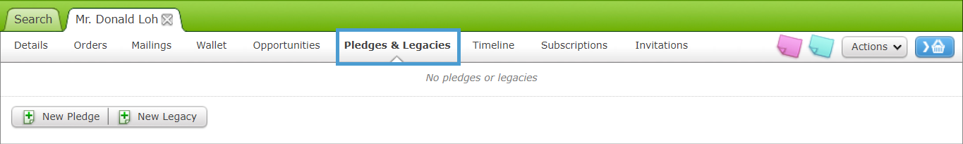Pledges and Legacies tab in the Customer Record.
