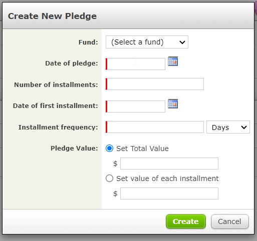 The Create New Pledge pop-up screen.