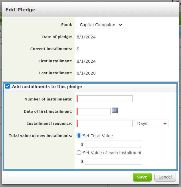 The Edit Pledge pop-up with added installments.
