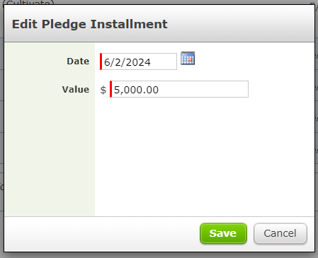 The Edit Pledge Installment pop-up.