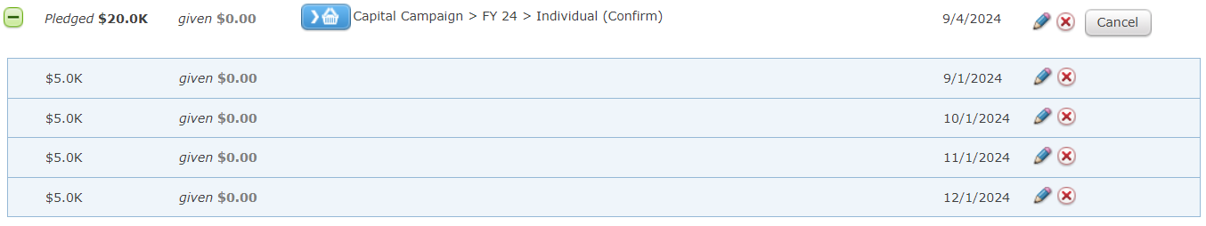 An example of Pledge installments.