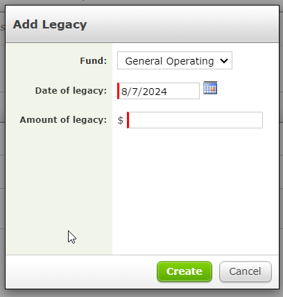 The Add Legacy pop-up screen.