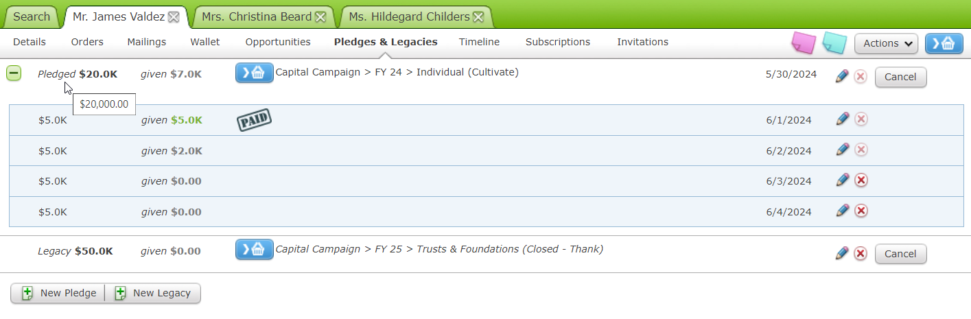 Pledges and Legacies in the Customer Record in the Opportunities Interface.