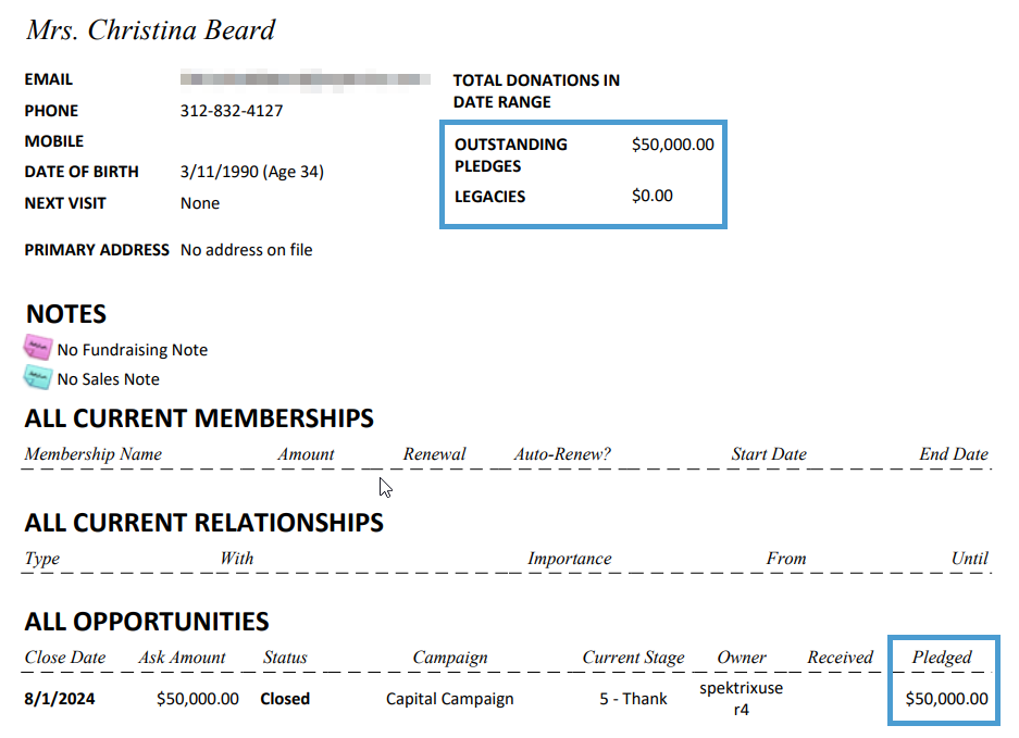 The Donor Profile Report with Outstanding Pledges, Legacies and the Pledged
  amount in All Opportunities highlighted.
