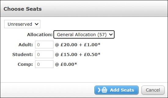 The Choose Seats pop-up in the Opportunities Interface for an Instance with
  an Unreserved Seating Plan.