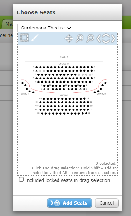 The Choose Seats pop-up in the Opportunities Interface for an Instance with
  an Reserved Seating Plan.