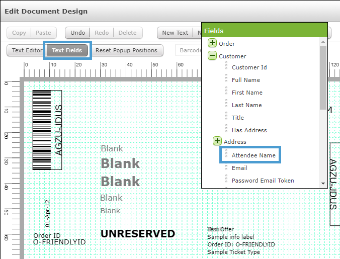 The Ticket Design Tool with Attendee Name.