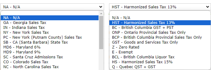 US and Canada tax code dropdown.