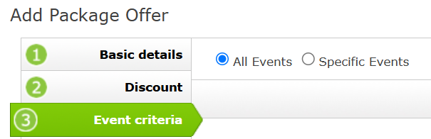 Event Criteria in a Package Offer with All Events selected.