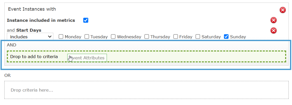 Adding the Event Attributes metric below the word AND.