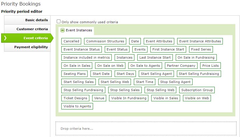 An example of the Event Criteria screen in Priority Booking.