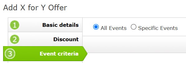 Event Criteria in an X for Y Offer with All Events selected.