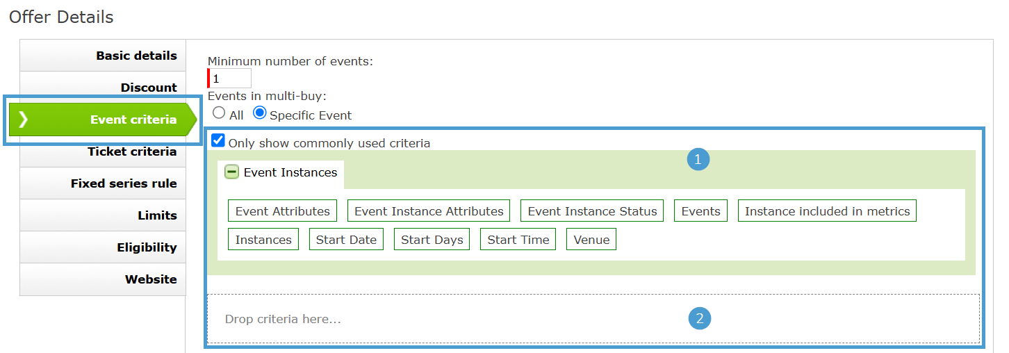 The Event Criteria tool in Offer setup.