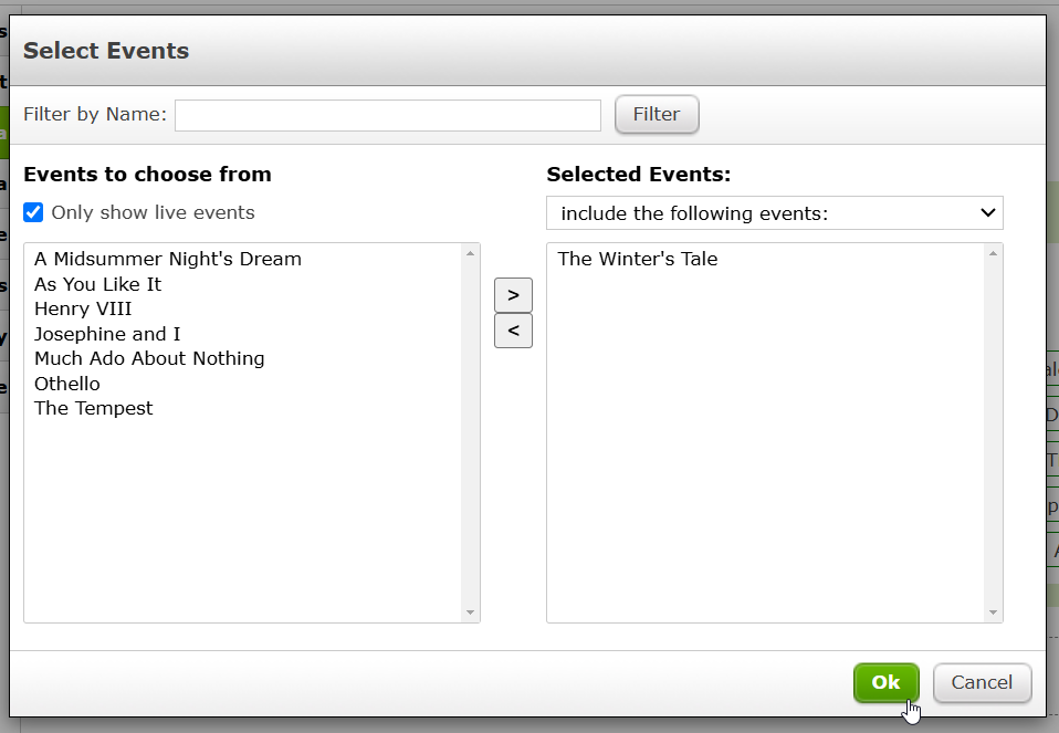 Specifying criteria for the Events metric by selecting an Event to include.