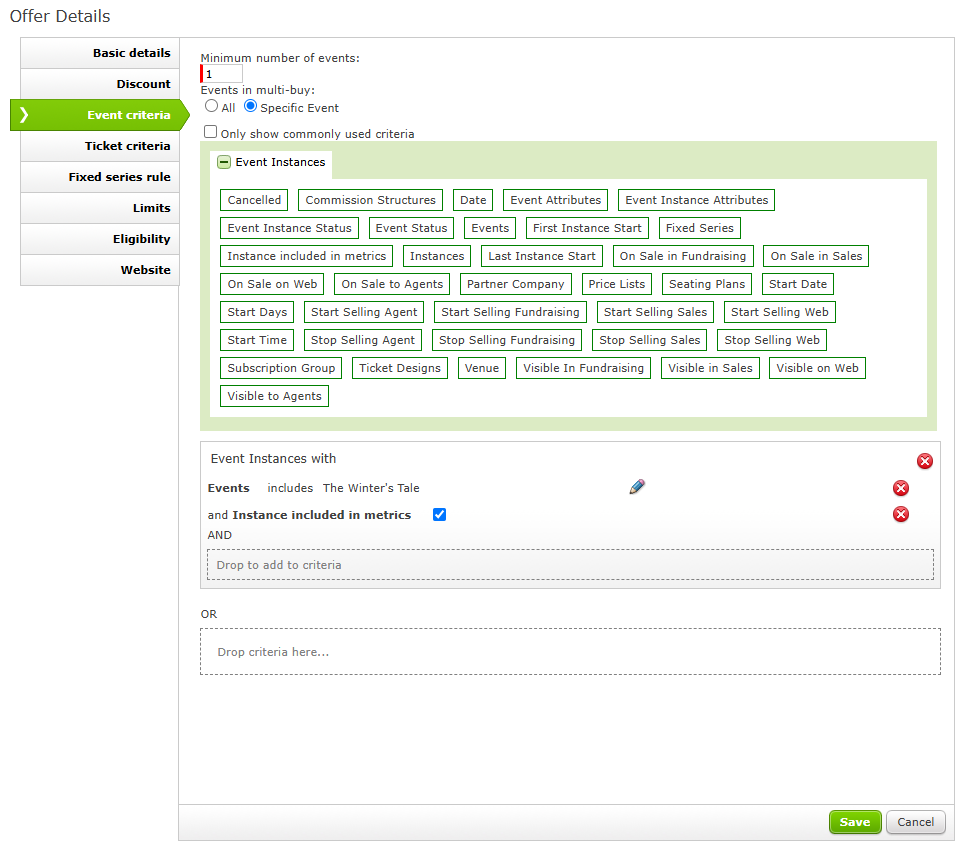 The Event Criteria tool with criteria selected.