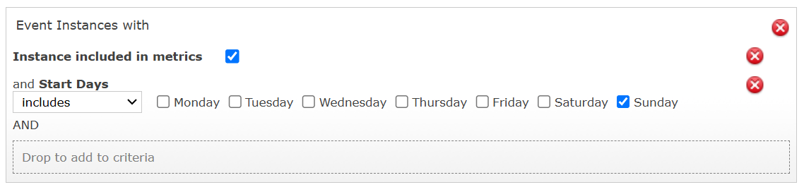 Adding
    the Start Day metric and selecting Sunday.