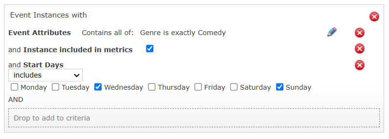 Event Instances that are Comedy shows that are on Wednesdays or Sundays.
