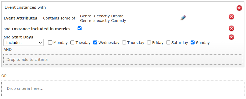 Event Instances that are either a Comedy or Drama show that must be on either
  a Wednesday or Sunday.