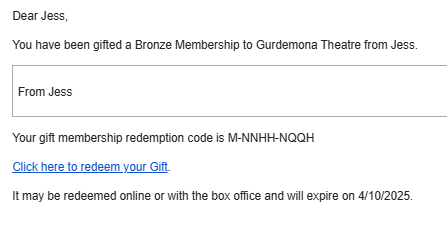 An example of the Gift Membership email.
