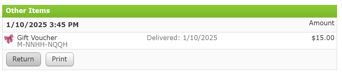 Order details with the Gift Membership code.