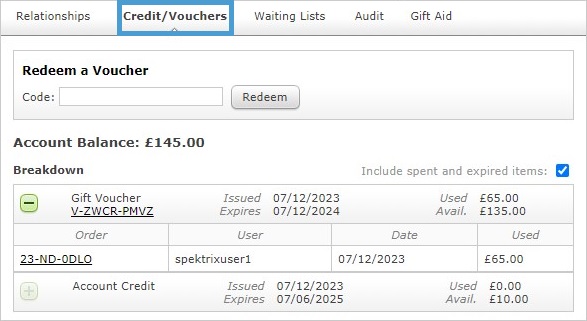 An example of the Credit/Voucher redemption area on the Customer
    Record.