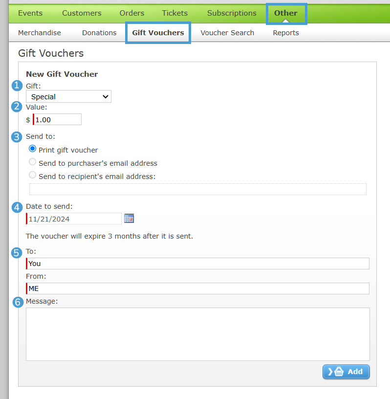 The Gift Membership screen in the Sales Interface.