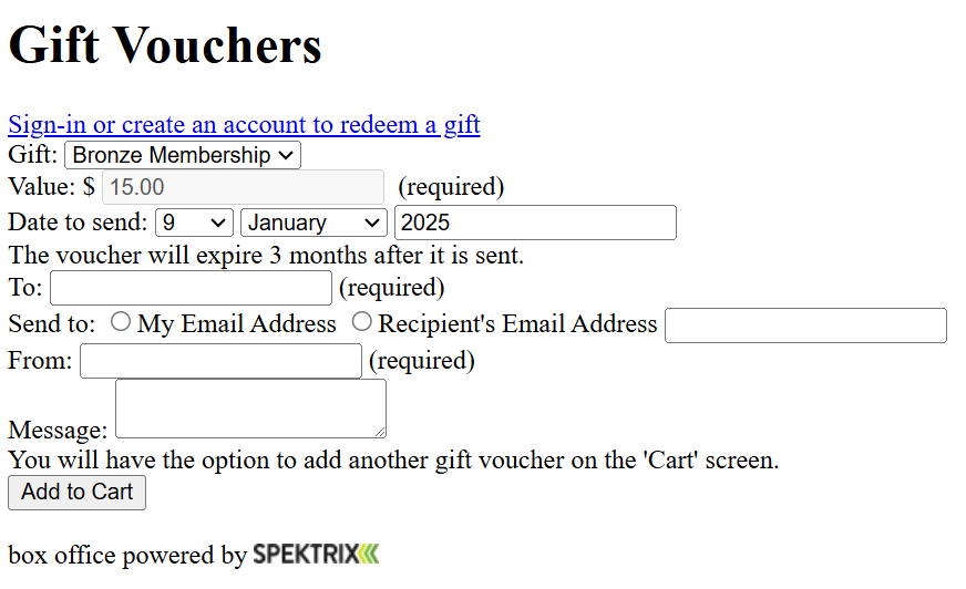 Buying a Gift Membership from the Gift Voucher iframe.