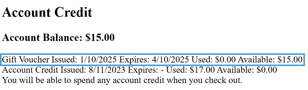 Account Credit from a Gift Membership in the MyAccount page.