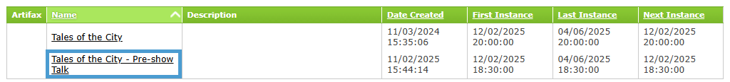 a screenshot of the events list