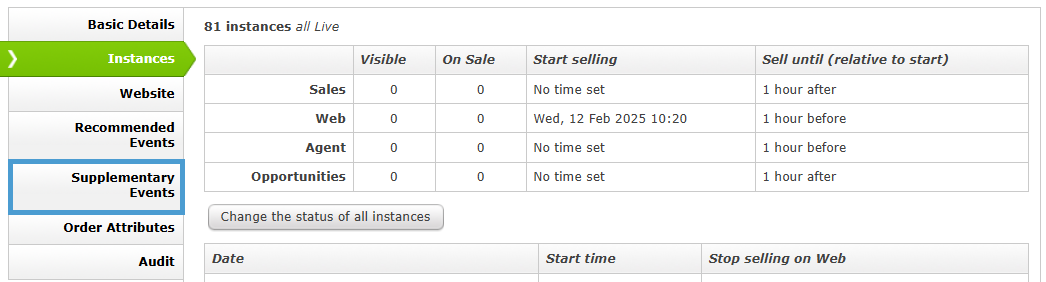  the supplementary events tab in the event setup