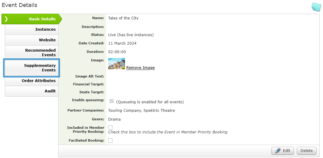  the supplementary events tab in the event setup