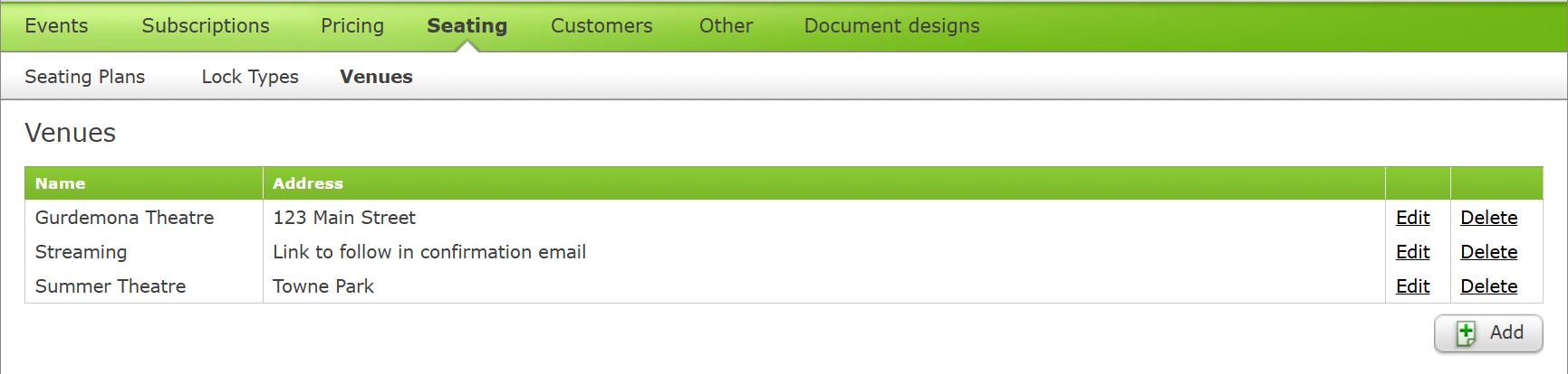 An example of a listing of all Venues in the Admin Interface.