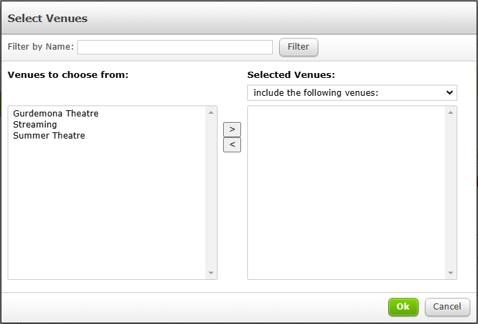 An example of the Venue selection screen.