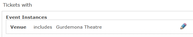 An example of using the Venues metric in a Criteria Set. This Criteria Set
  filters Tickets to a specific Venue.