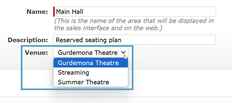 Selecting a new Venue for the Seating Plan.