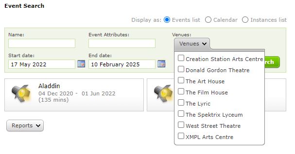 Searching Events by Venues in the Sales Interface.